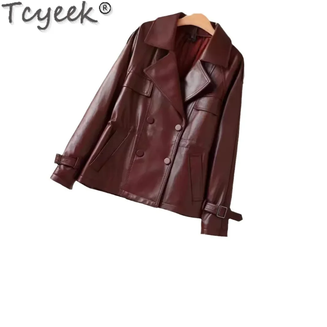 Tcyeek Genuino Giacca di Pelle Delle Donne 2024 di Modo Cappotto di pelle di Pecora Donna Loose Fit Primavera Autunno Vestiti Semi Verdura Abbronzatura