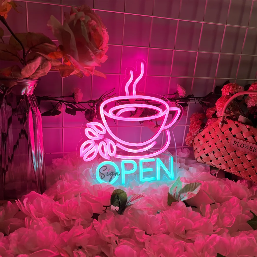 Coffee Open Neon Sign Coffee Shop Hanging LED Wall Decor Business Lights for Bar Cafe Store Open Decoration Neon Light Signs