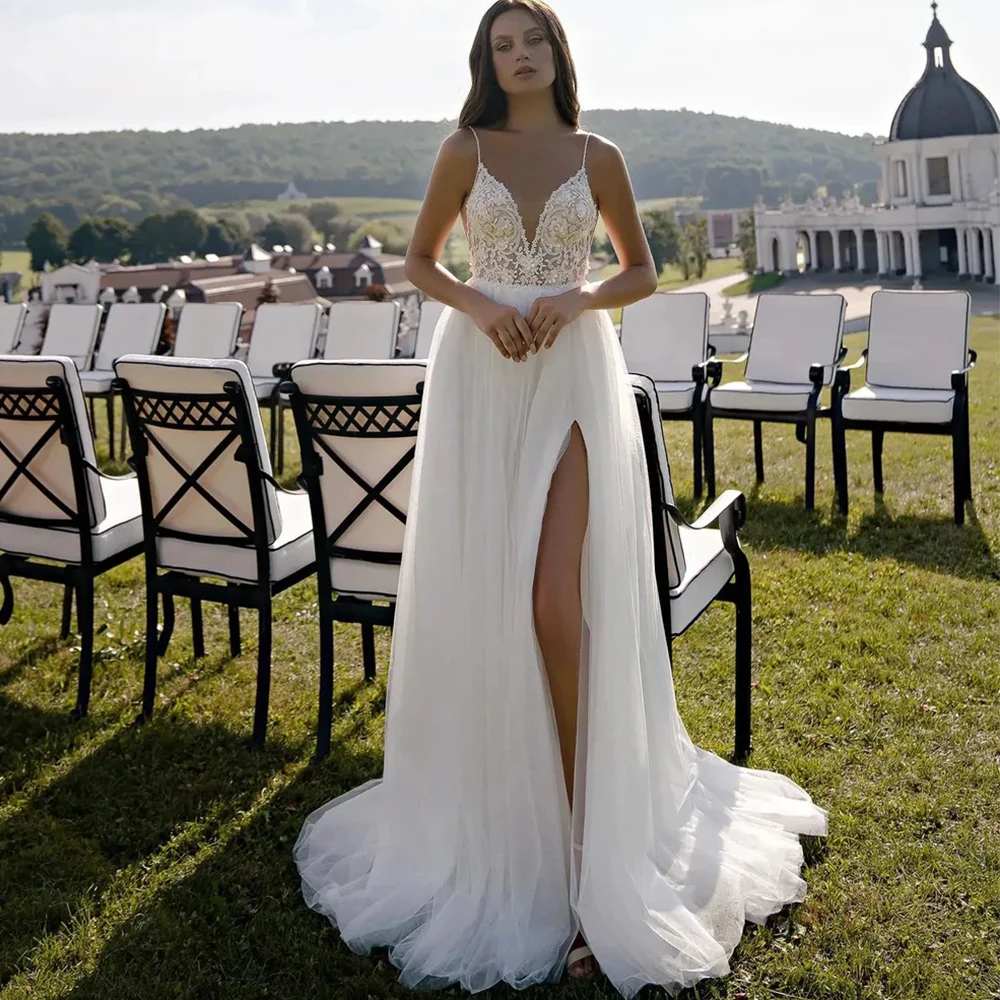 

Sexy High Split Tulle Wedding Dress Spaghetti Straps A-Line Floor Length Exquisite Applique Lace Customized فساتين حفلات الزفاف