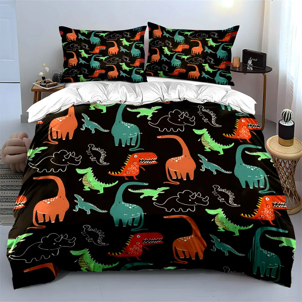 Cartoon Dinosaur Black Background Print Bedding Set 1 Duvet Cover 2 Pillowcases for Adult and Children Luxury Gift Full Size