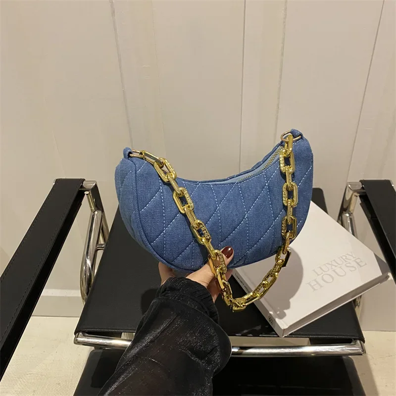 

Denim new embroidery thread rhombus embroidery thread casual large capacity chain crossbody armpit women's bag