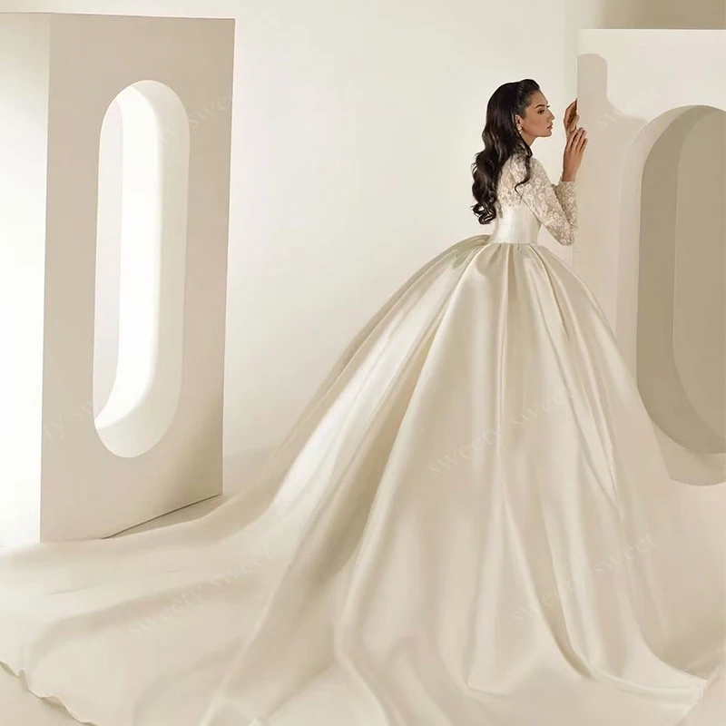 Graceful Wedding Dress Satin Embroidery Beading Princess Ball Gown High-Neck Full Sleeve Customized Bride Dress Vestido De Novia