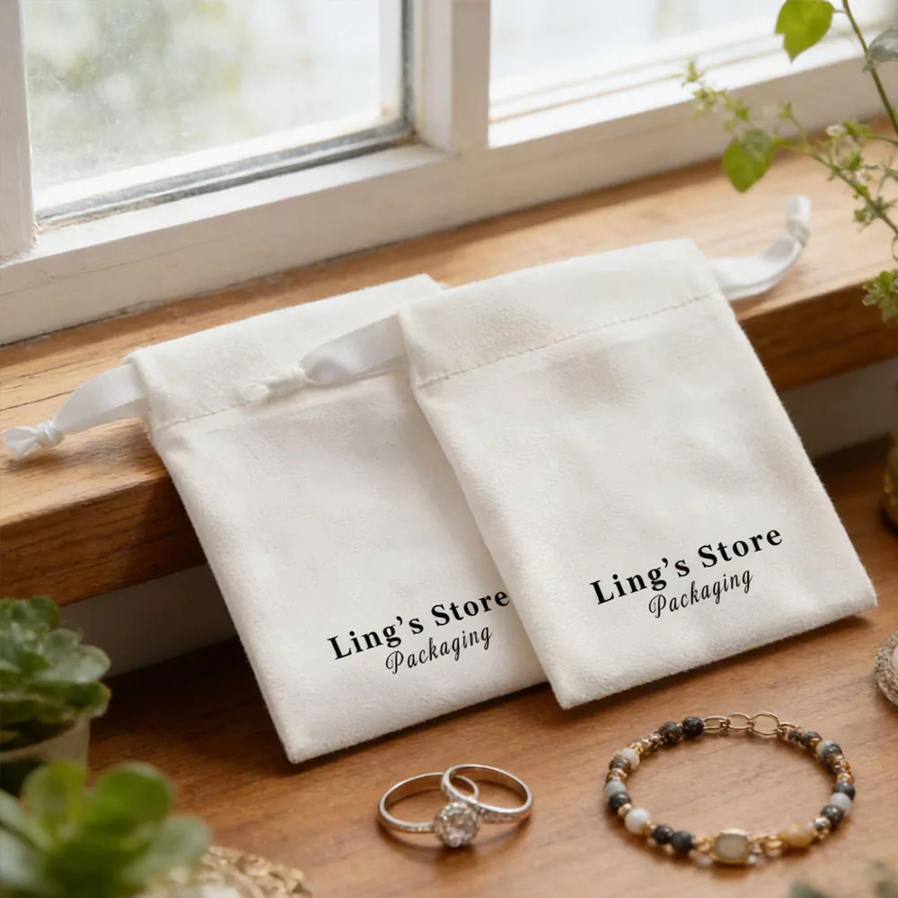 100Pcs Custom Logo White Flannel Jewelry Drawstring Bag Velvet Pouch Wedding Favors Cosmetic Earrings Stud Packaging Pocket