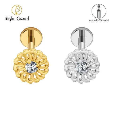 Right Grand Brinco de cartilagem floral de titânio ASTM F136 CZ 16G, piercing de nariz com flor clássica, tragus, joia corporal