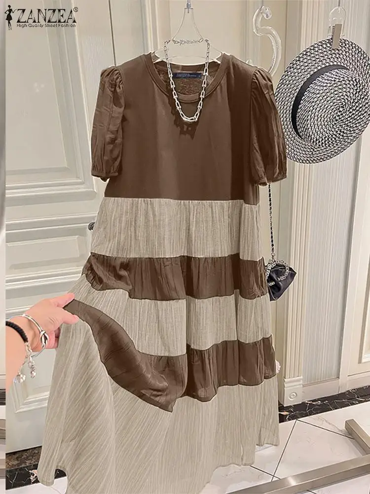 ZANZEA-Vestido Midi em Camadas com Decote A feminino, manga curta folhada, linha A, enrugado, curto, elegante, moda coreana, bloco de cores