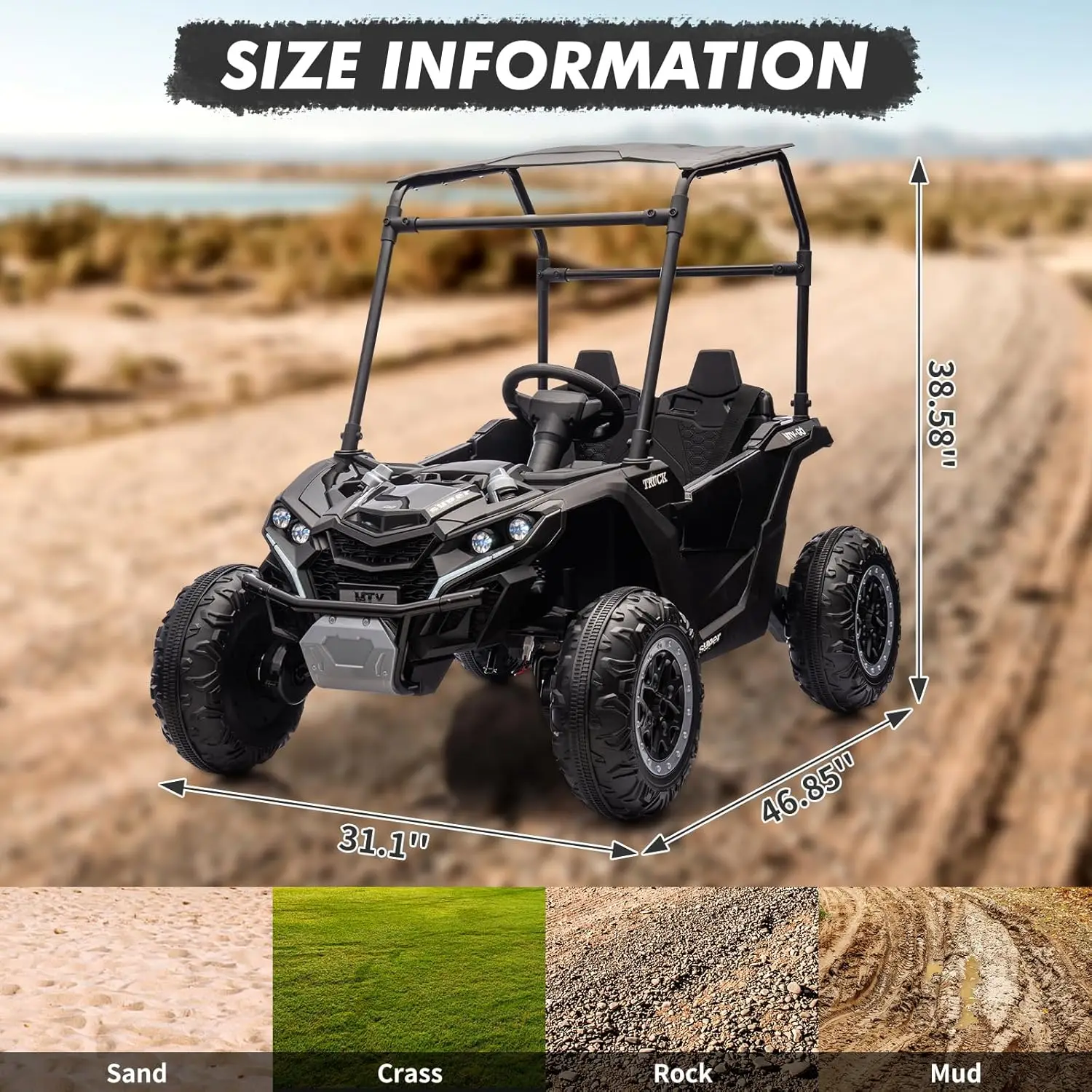 Voiture pour enfants 24V 2 places avec télécommande, camion électrique 4WD avec pare-soleil, jouet tout-terrain UTV avec choc à 4 roues