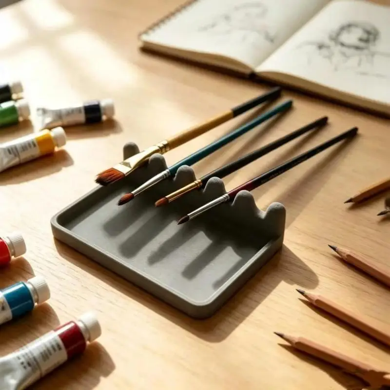 【F】3D 5 Slots Paint Brush Holder With Drip Tray Portable Water Coloring Brushes Organizer Desktop Brush Holders