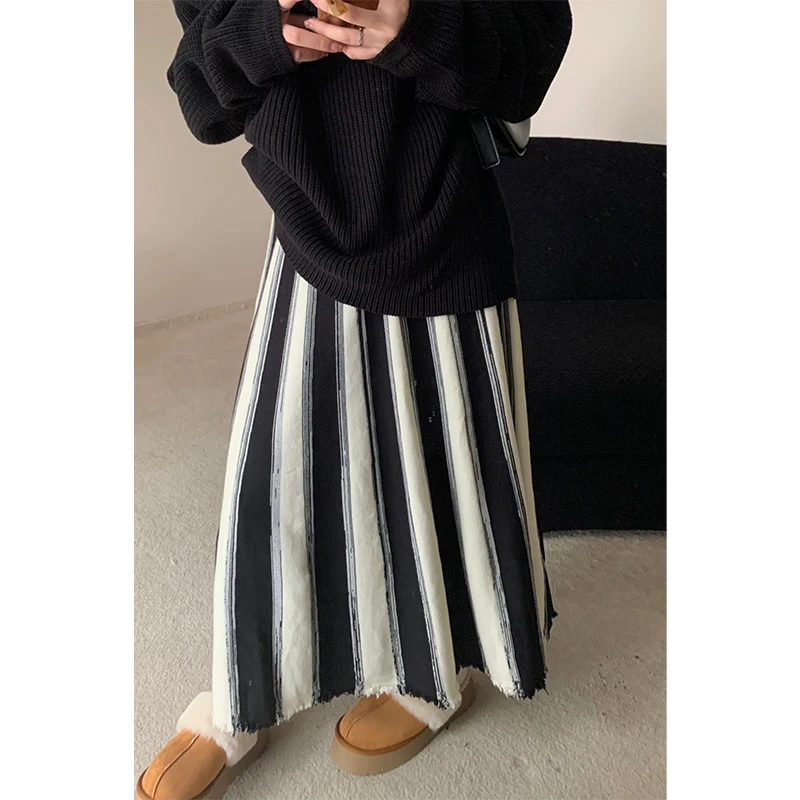 MEXZT Striped Knitted Midi Skirt Women Vintage Streetwear Patchwork Skirts Winter Harajuku Korean Loose Design A Line Faldas New