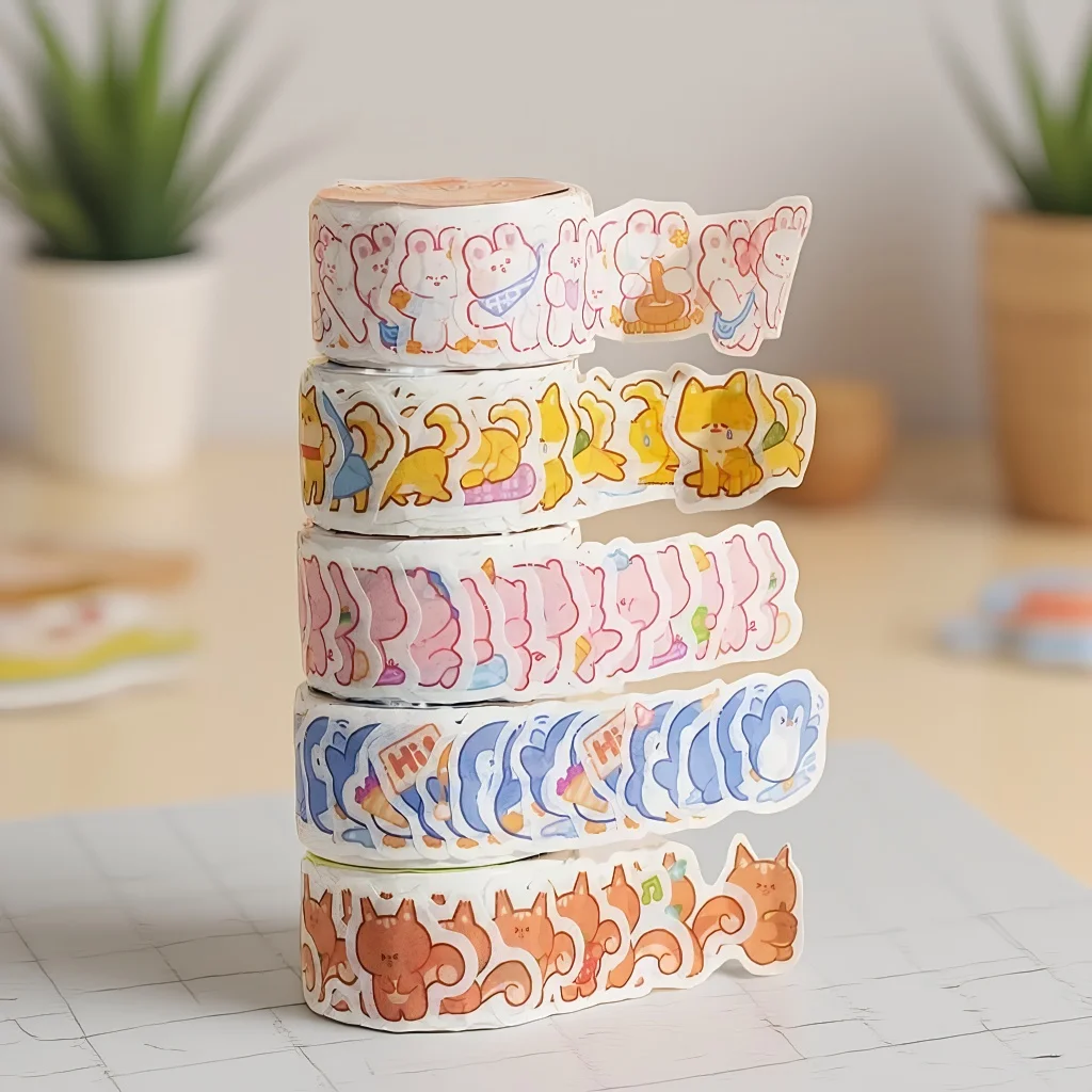 شريط اشي كرتوني على شكل حيوانات - ملصقات دائرية للمذكرات المزخرفة وسجل القصاصات بنفسك