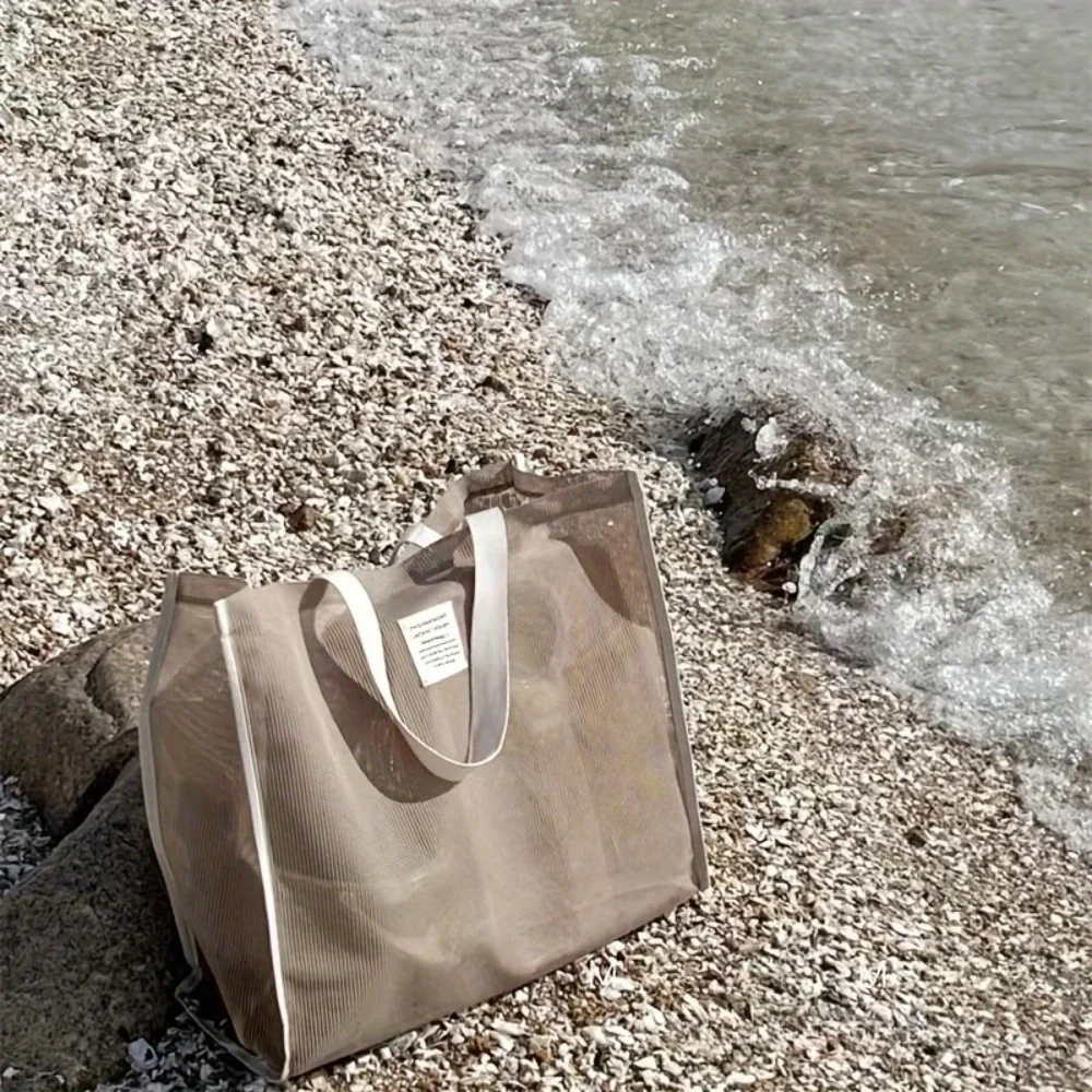 

Solid Color Woven Zipless Beach Bag for Travel and Swimming Storage Holiday Style Foldable Tote Bag,Khaki Canvas Shoulder Bag