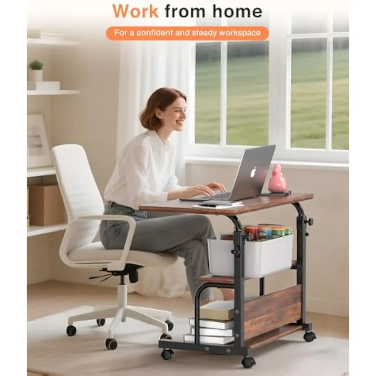 Compact mobile desk with height adjustment 28-36.4 in, wheeled base for easy relocation, rustic wood finish, three-tier waterpro