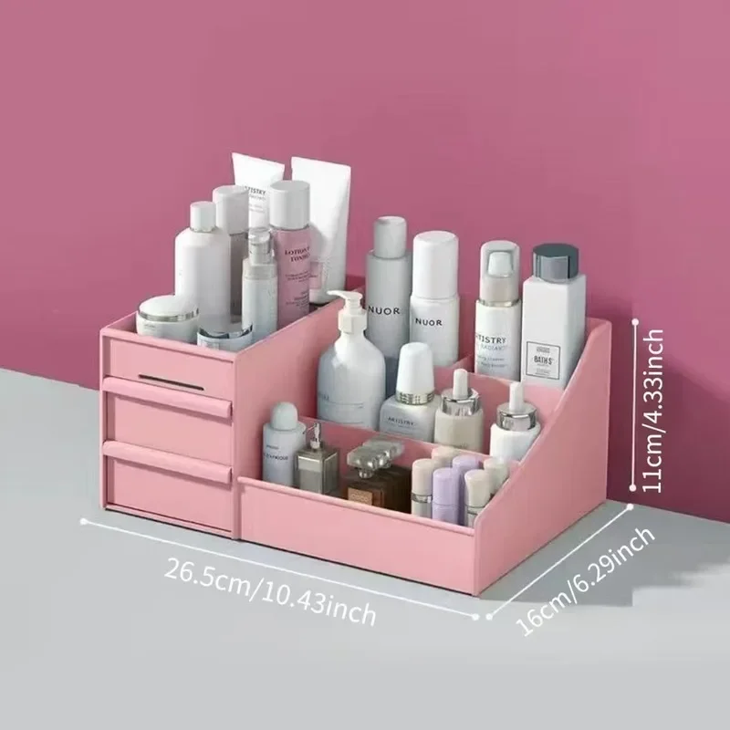 Drawer Makeup Organizer Box for Dorm Desk, Skincare & Lipstick Storage Case, 3-Layer With Bow Clips, PP Cosmetic Storage