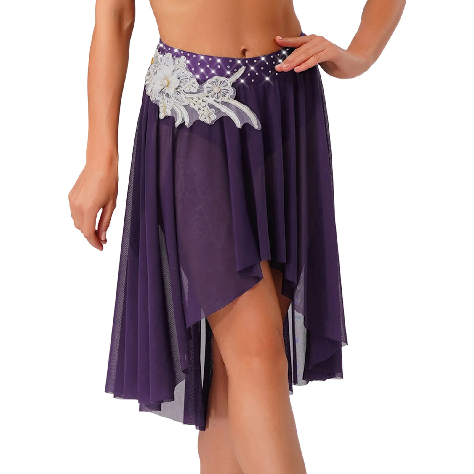 

Women Waltz Lyrical Dance Skirts Classical Skating Ballet Dance Costumes Embroidery Applique Irregular Hem Mesh Brief Skirts