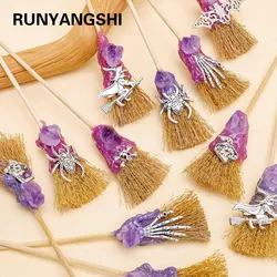 1PC Natural Crystal Amethyst Crystal Tooth Flower Gem Magic Mini Broom Quartz Witch Broom Reiki Gemstone For Cleansing Healing