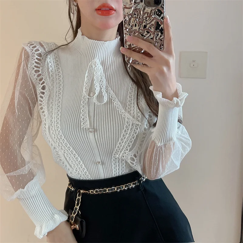 White Bow Fungus Shirt Grunge Crop Top Ropa Mujer Graphic T  Bottom Knit Chiffon  Slim Puff Black Polka Dot