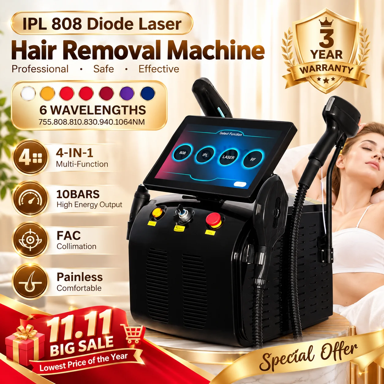 8000W 6-Wavelength 4-in-1 808nm Diode Laser Beauty Equipment | Hair Removal, Tattoo Erasure, Freckle Clearance, Skin Renewal