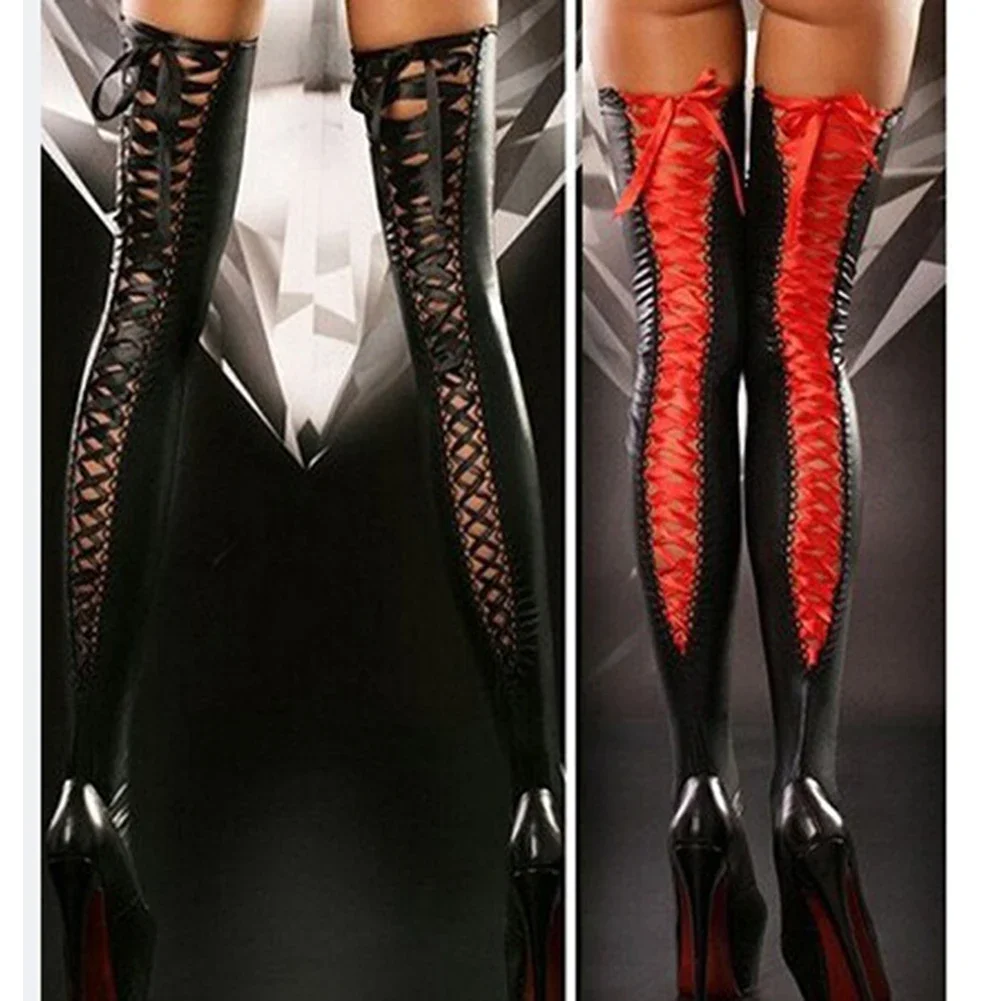 Fashion Women\'s Stockings Lingerie Sexy Clubwear Thigh-High Sock Patent Leather Female Bandage Long Socks