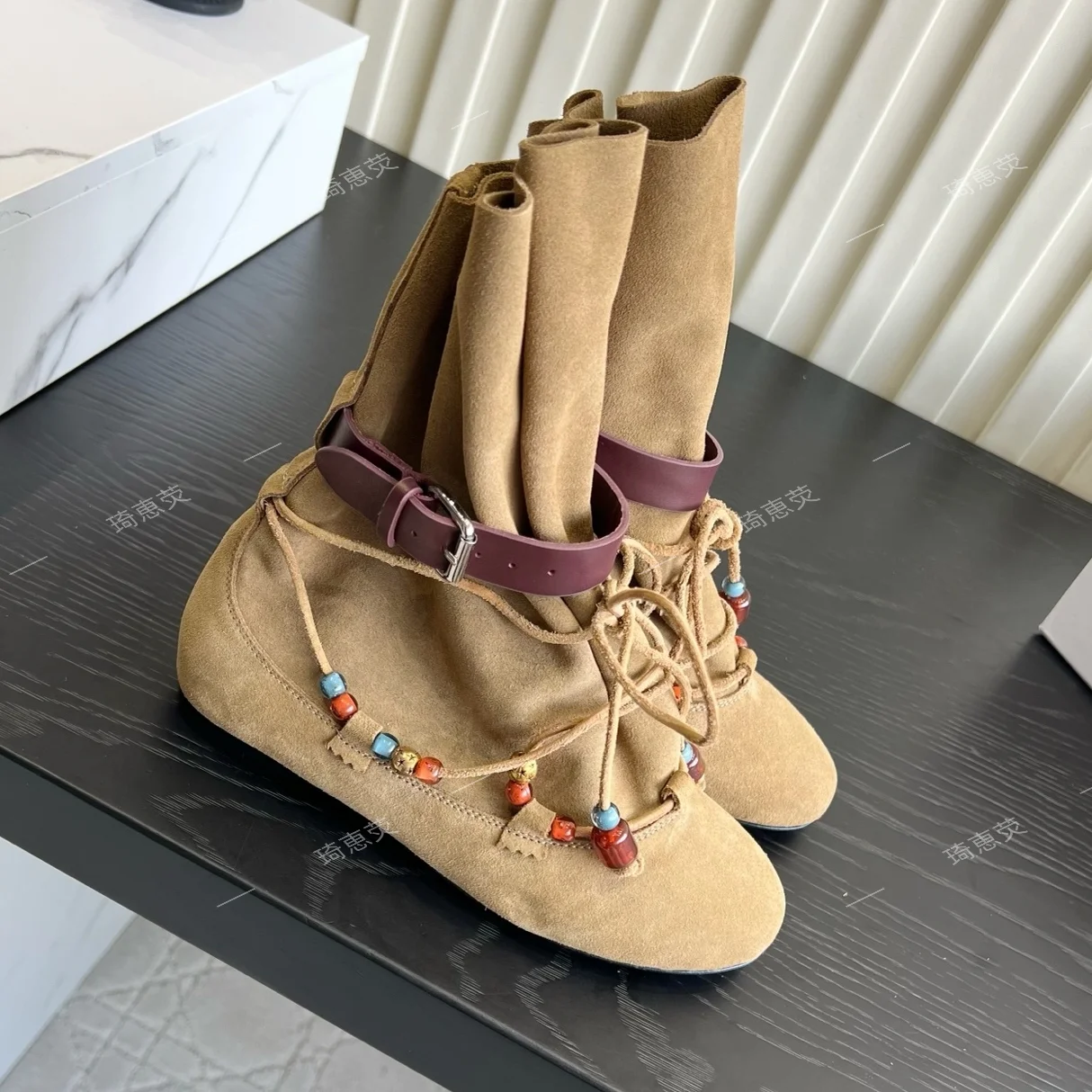 2026 Retro Bohemian-Style Flat Ankle Boots With Tassels Lace-Up Straps And Beaded Details in Brown — Cozy Western Fashion Boot