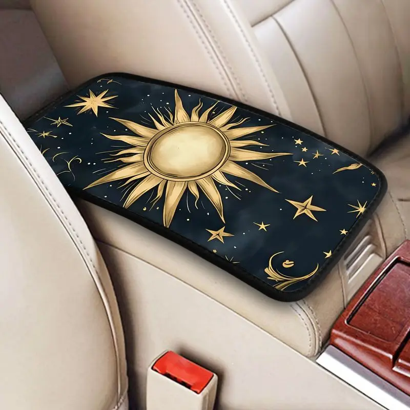 1 Pc Car Armrest Cover + 2 Pcs Cup Coasters Set, Golden Sun Stars Celestial Print For Car Interior Decor Accessories
