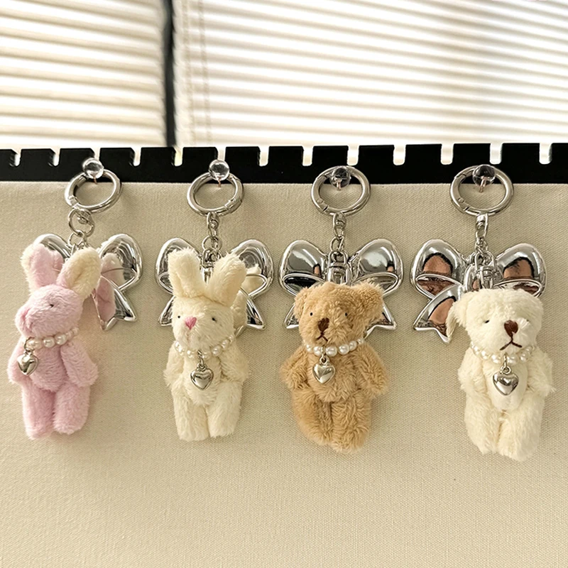 Ins Style Pearl Bear Key Chain Plush Bunny Bowknot Phone Pendant Headphone Case Charm Bag Decor Car Key Ring Handbag Decoration