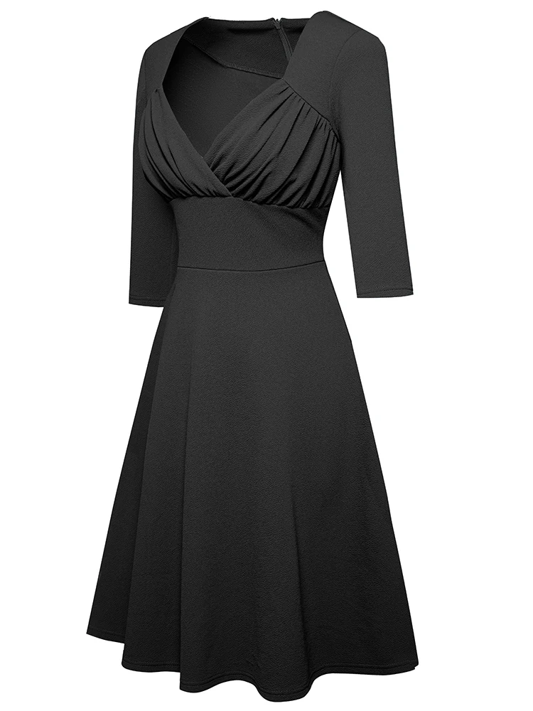 Nice-forever Spring Women Chic Solid Color Sexy Low Cut Dresses Cocktail Party Elegant Flare Swing Dress A290