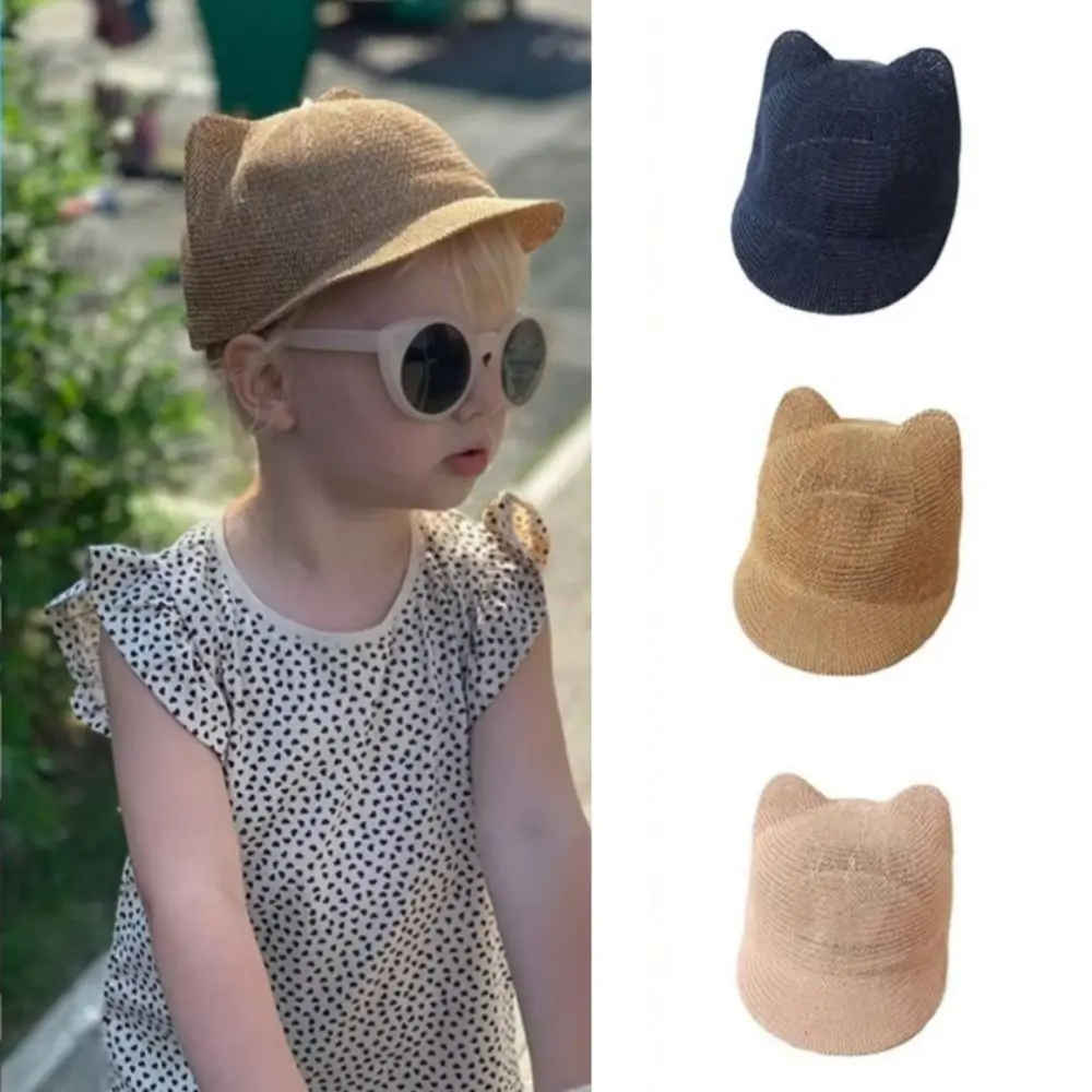 

New Cute Cat Ear Baby Straw Hat 2-5Year Toddler Hollow Breathable Sunscreen Visors Beach Cap Kids Peaked Cap Kids