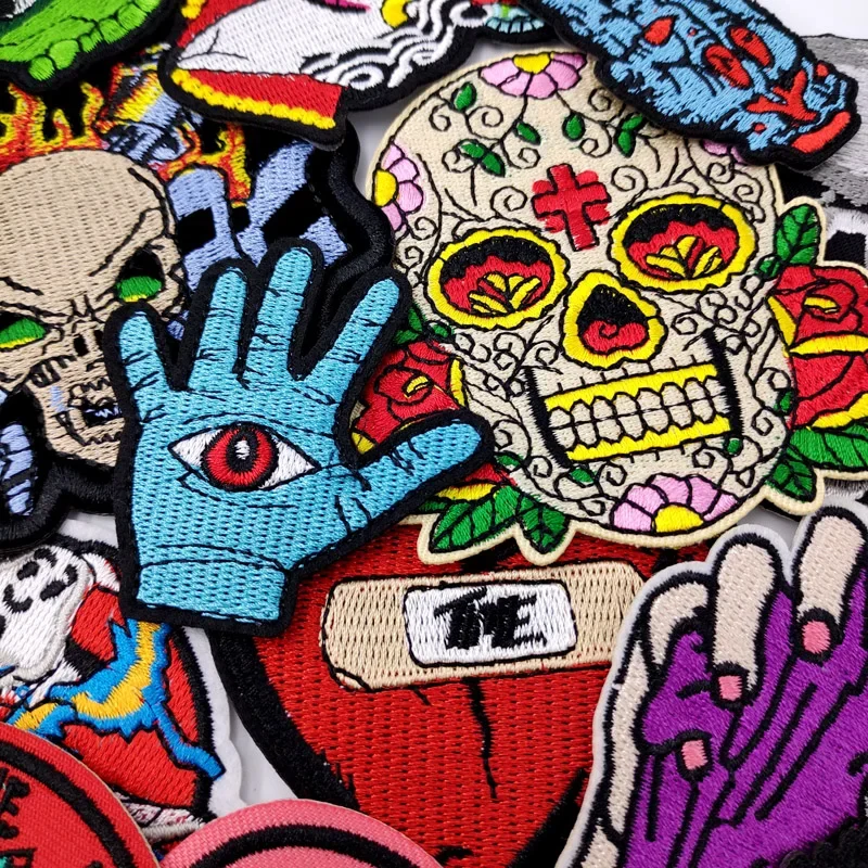 SKULL HAND Flame Patch for Clothing Iron on Embroidered Sewing Applique Cute Fabric Badge DIY Apparel Accessories