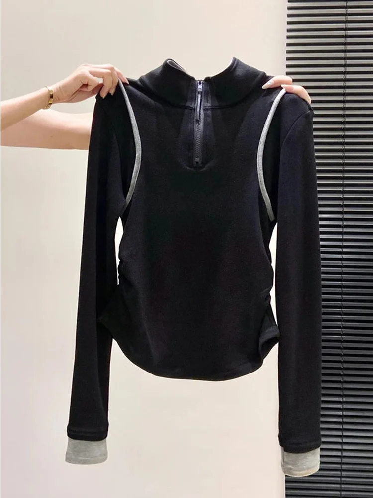 Elegant Korean Style Women's Long Sleeve T-Shirt Slim Fit Zipper Design Spring Fashion Top High Waist Yoga Stage Racing