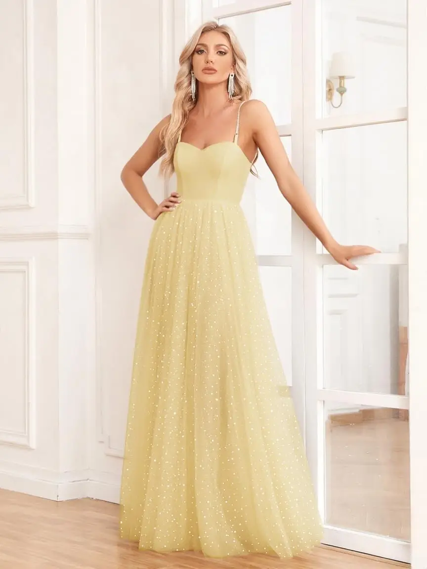 レディース キラキラドレス イブニングドレス グリッター スパゲッティストラップ チュール ハイウエスト Aライン ロング フォーマル イブニングドレス ドレス