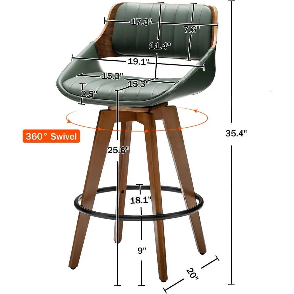 مجموعة مقاعد بار دوارة مكونة من 2 مقاعد للبار منجدة من الجلد الصناعي الأخضر الحديث لمنتصف القرن، وقضيب خشبي لجزيرة المطبخ