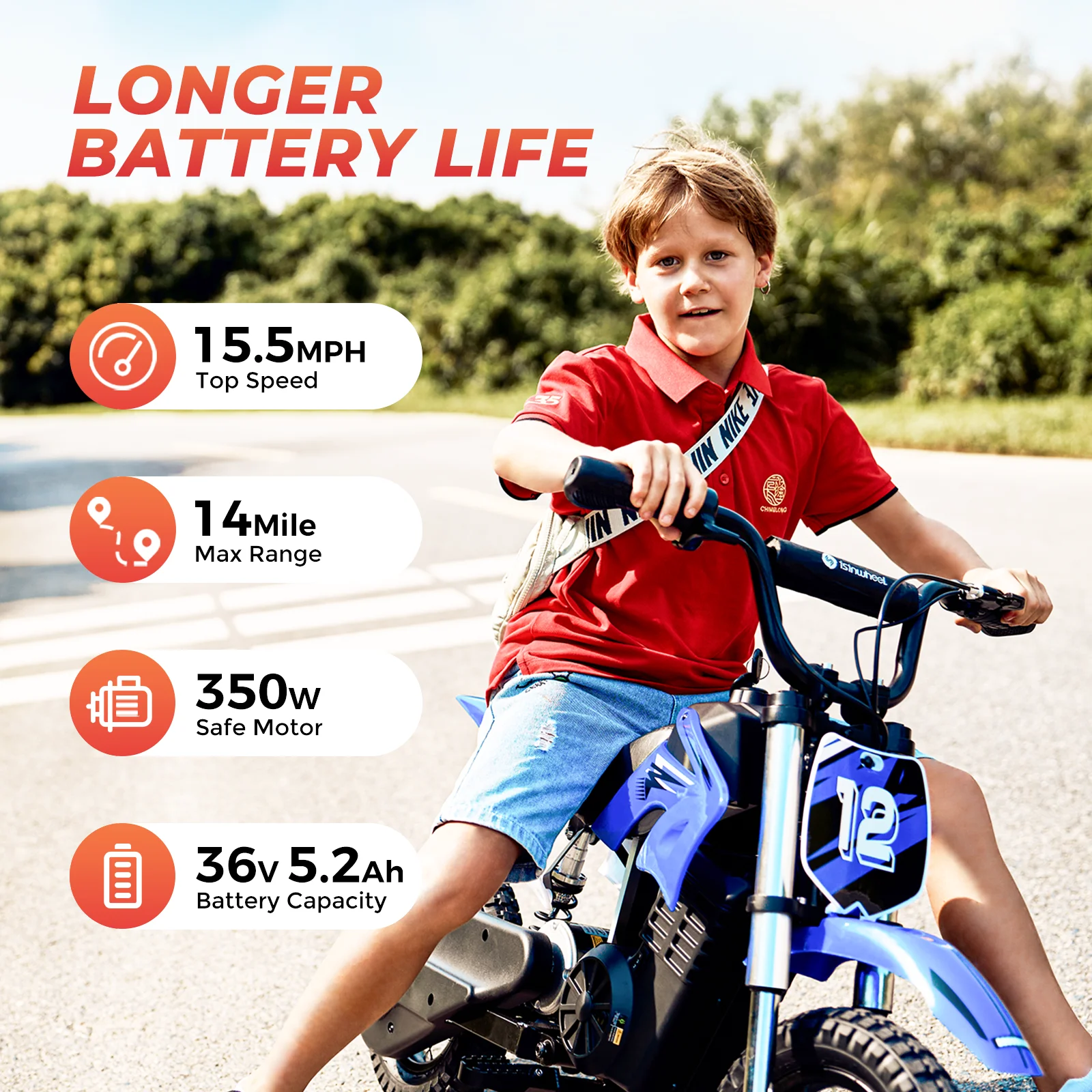 Children's Electric Bike Suitable For Teenagers Over 6 Years Old 350W Motor Top Speed 15.5Mph Range 14Mile Load 164Ibs Safe New