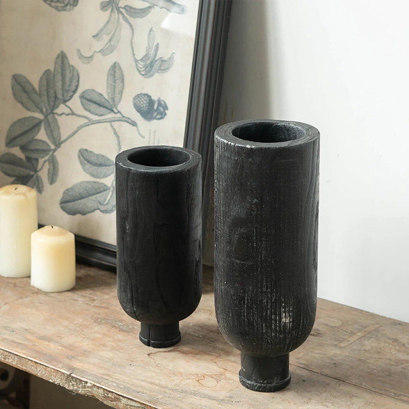 zq Black Cylindrical Wooden Flower-Vase Japanese Zen Straight Flower Bed & Breakfast Living Room Entrance Decoration Ornaments