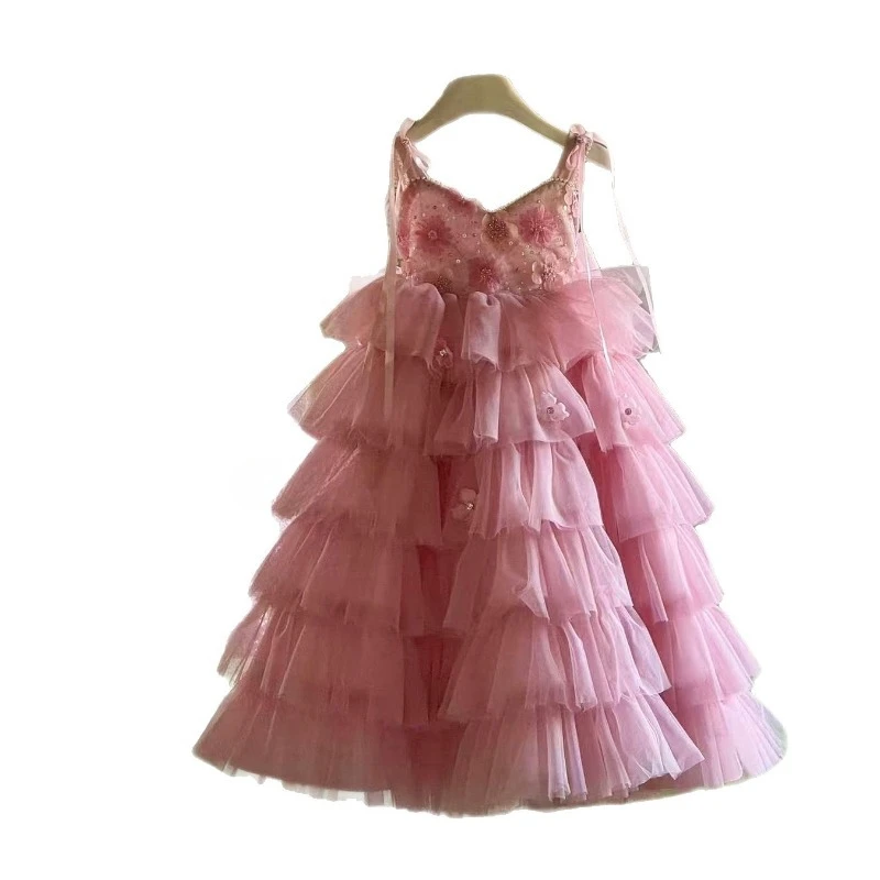 

Летнее пышное платье без рукавов для девочек, детская милая длинная юбка из тюля, красивый наряд принцессы для дня рождения и Хэллоуина