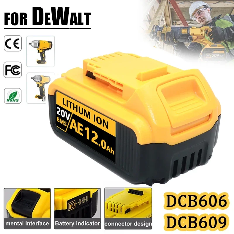 For DeWalt DCB200 Battery Compatible 20V 12.0Ah Replacement Li-ion Battery with Charger DCB205 DCB204-2 DCB206 Power Tools