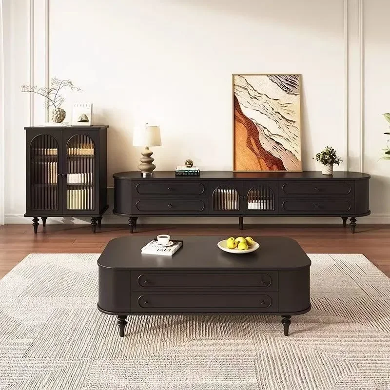 French Solid Wood Retro TV Cabinet Black Modern Simple Light Luxury High End New Rounded Corner Living Room TV Stand