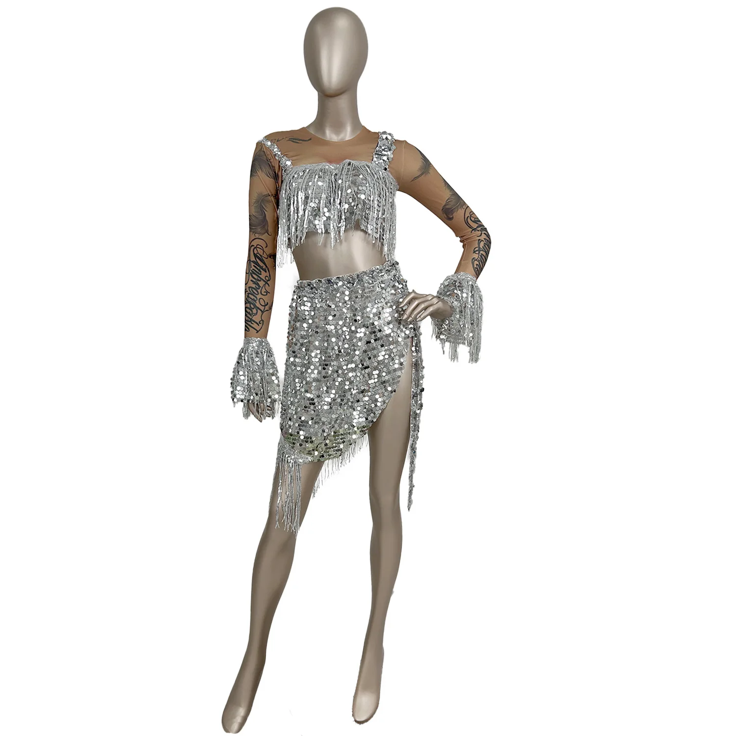 

Блестящий серебряный короткий топ с пайетками и юбкой на завязках, комплект из 2 предметов, женская одежда для латинских танцев на пилоне, платье для ночного клуба, клуба, вечеринки