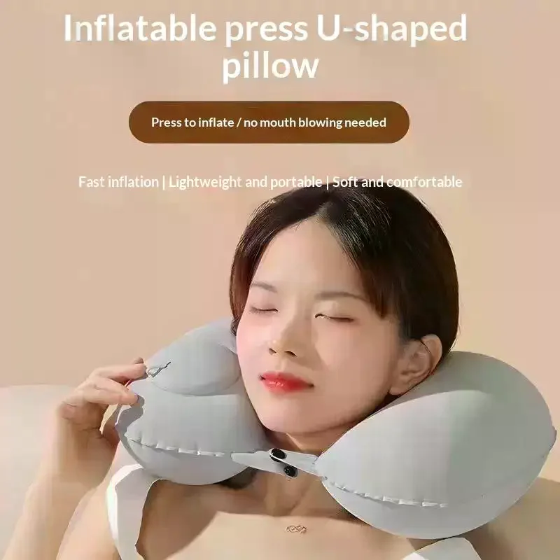 Flocking Inflatable Portable Neck Pillow That Can Be Stored And Self Filled Suitable For Outdoor Travel Business Trips Camping
