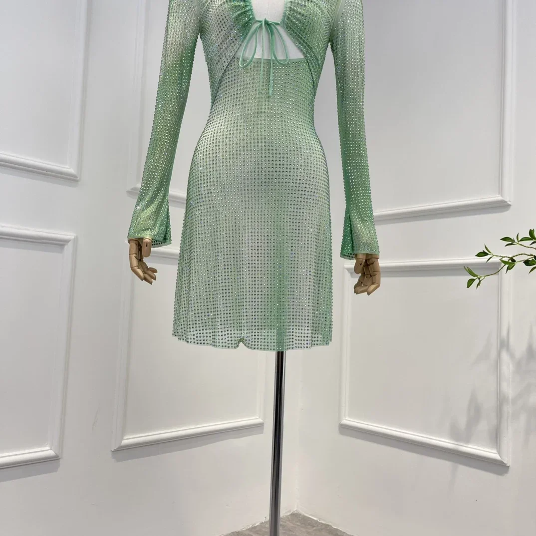 New Arrivals High Quality Spring Summer 2023 Sexy Luxury Light Green Cut Out Waist Long Sleeve  Lace-up Woman Mini Dress