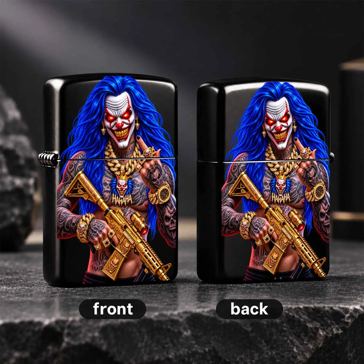 Trendy Hip Hop Blue Hair Crazy Printed Lighter, Full Iced Gold Style Art Pattern Portable Accessory, Ideal For Daily Carry, Party, Gifting To Friends, All Scenes Fit Cool Creative Portable Must Have For Trend Chasers A Humorous And Interest