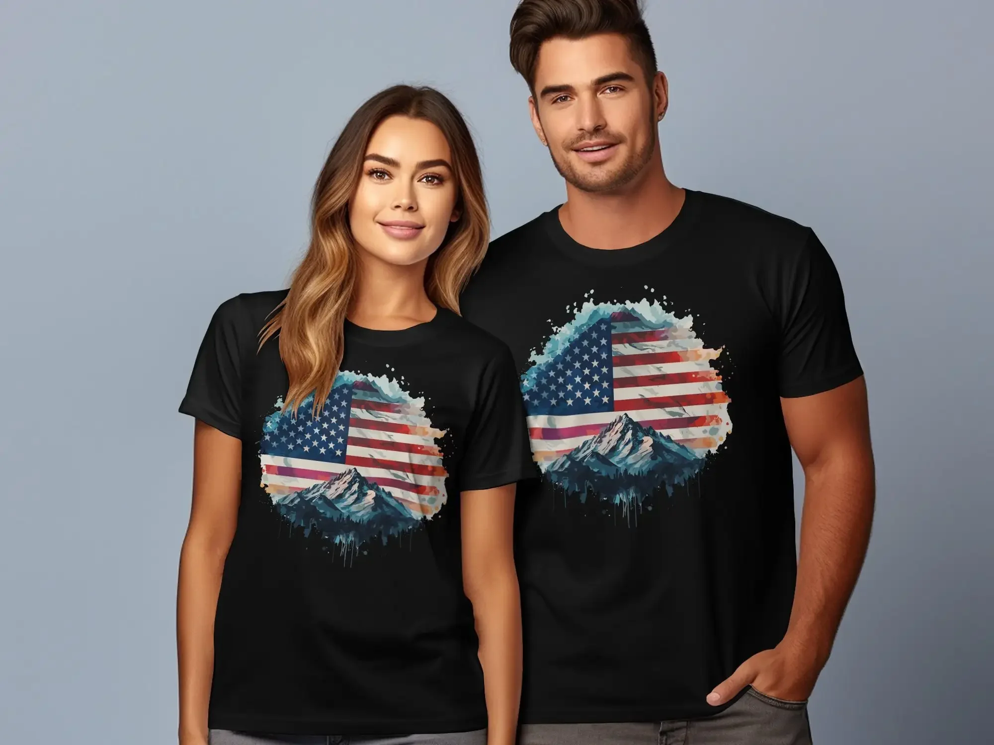 American Flag Mountain Art T Shirt Patriotic Nature Design Independence Day Vintage Usa Watercolor Print Top