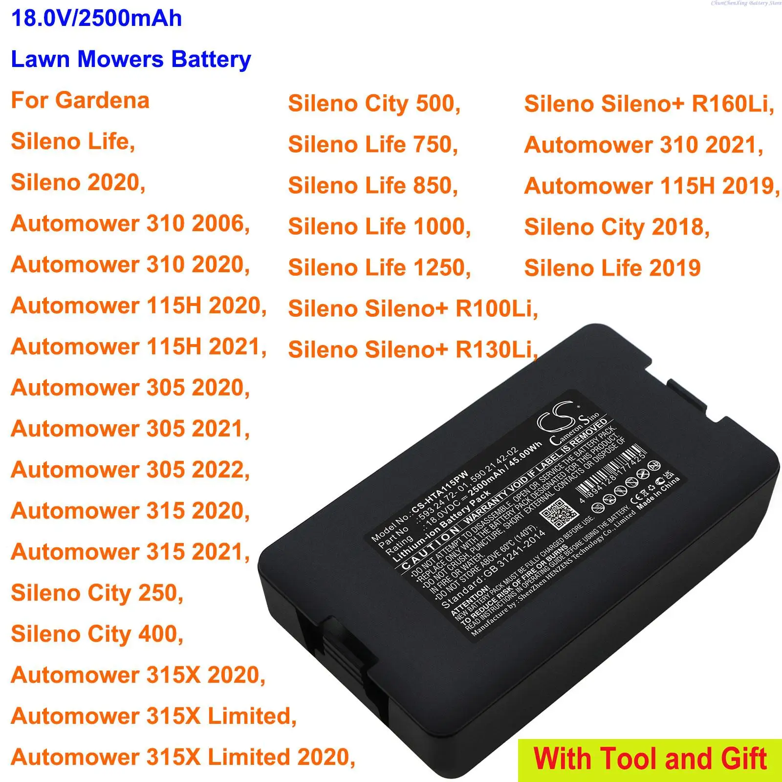 

2500mAh Lawn Mowers Battery for Gardena Automower 310,115H,305,315,315X,Sileno Life 1250/R100Li/R130Li/R160Li/2019