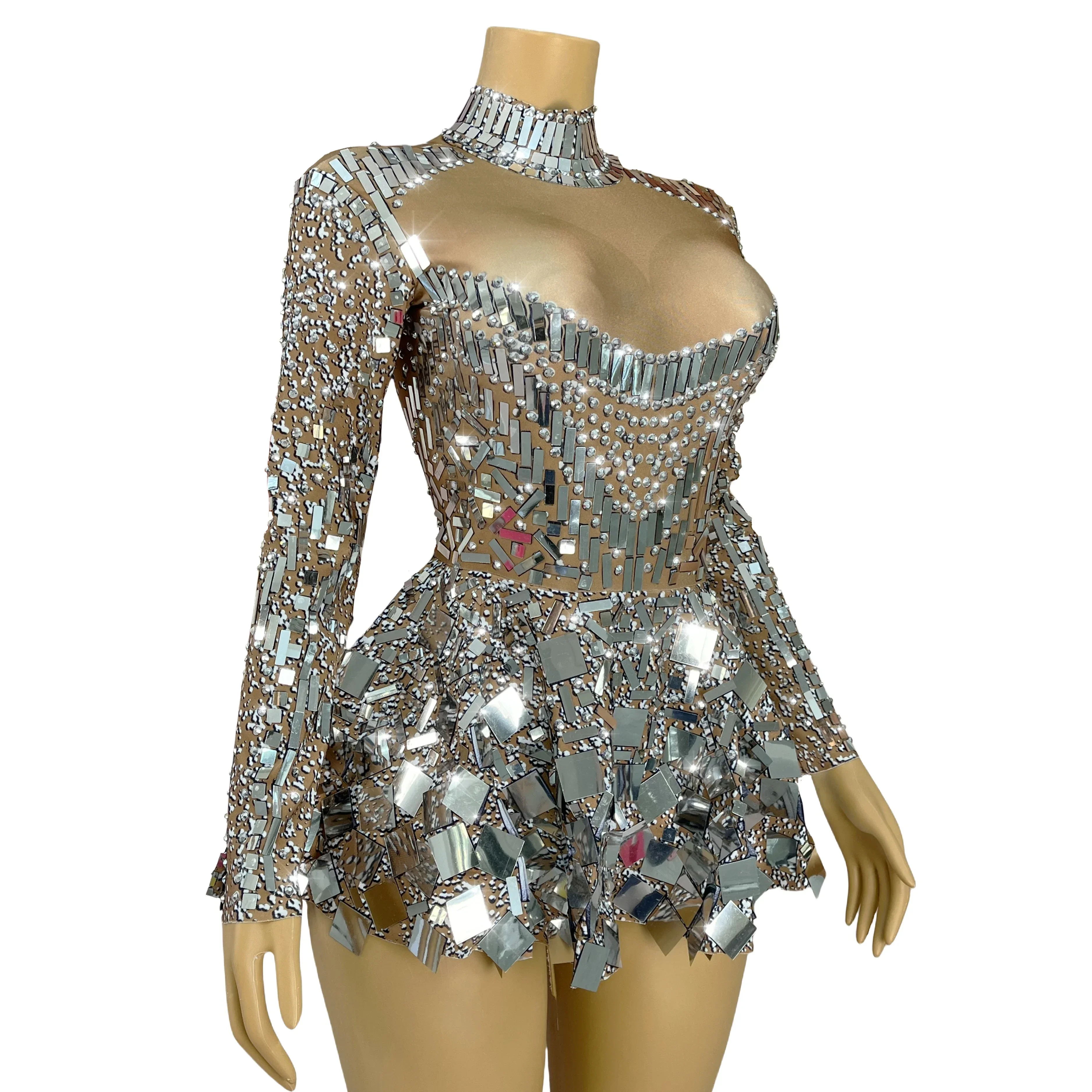 High Quality Perform Costume Sparkly Silver Rhinestones Sequins Ultrashort Dress Women Singer Dancer Stage Outfit Lianpianqun
