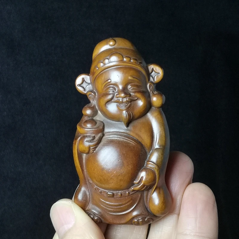 

YIZHU CULTUER ART Height 3.1 inch Old China boxwood hand carved God of Wealth statue netsuke table decoration Gift collection