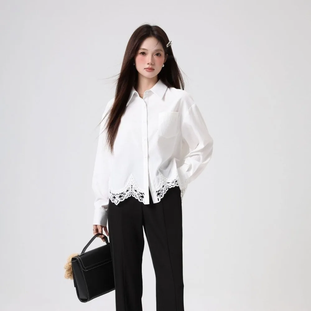 Irregular Lace Women's Plain Lace Shirt Leisure Lapel Streetwear Korean Style Blouse White Simple Lace Shirts Tops Travel