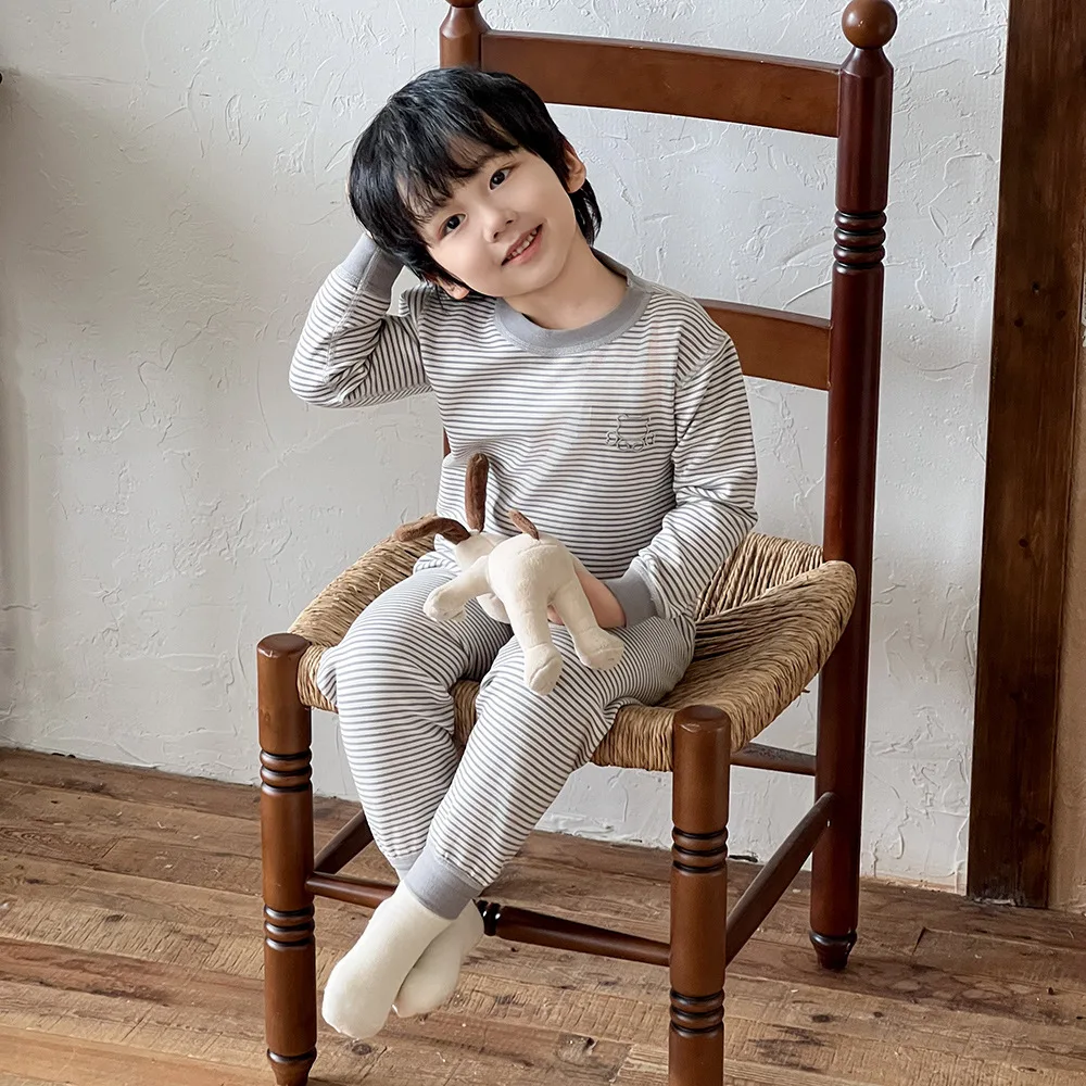 Somenie Children's Clothing Boneless Children's Underwear Set Boys and Girls Long Johns Antibacterial Older Children's Stripes