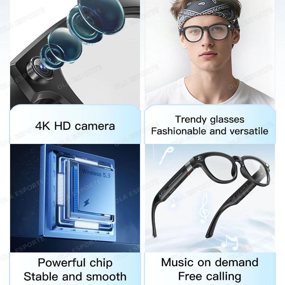 4K HD AI Smart Glasses 32GB Storage HD Camera Bluetooth Call Voice Assistant Control Smart Glasses Earphone Sunglasses Men Women