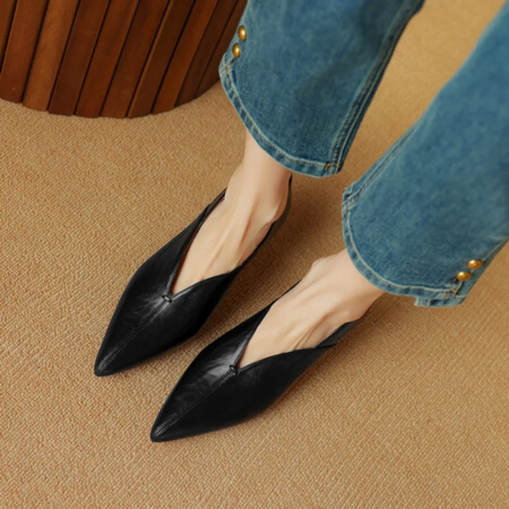 Women\'s Shoes Sharp Toe Pure Handmade with Black and Brown Leather Cowhide Material V-shaped Mouth  High Heels Women  Pumps