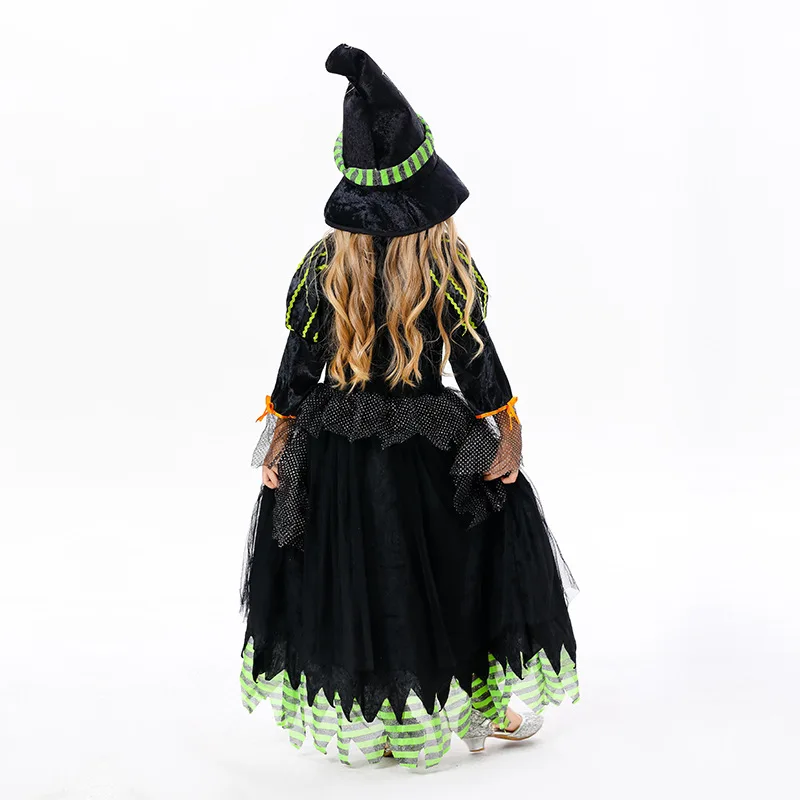 Halloween Vampire Cosplay Costume for Kids Girls Fantasy Witch Dress with Hat Carnival Party Children's Stage Performance Dress