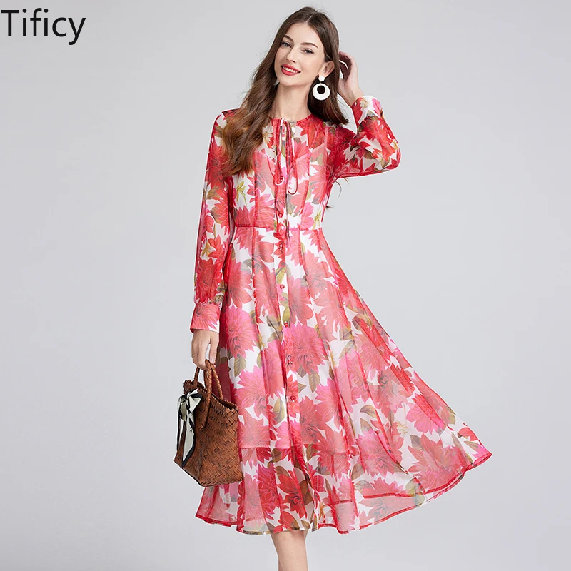 

TIFICY Elegant Red Flower Dresses Inside Lining Chiffon Long Sleeve Bow Collar Floral Print Holiday Beach A Line Midi Dresses