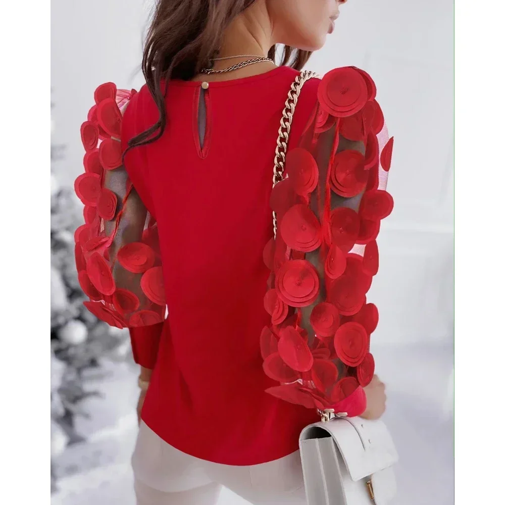 

Женская блузка с длинным рукавом и цветочным узором из прозрачной сетки, на пуговицах, с круглым вырезом, повседневная, модная, для женщин